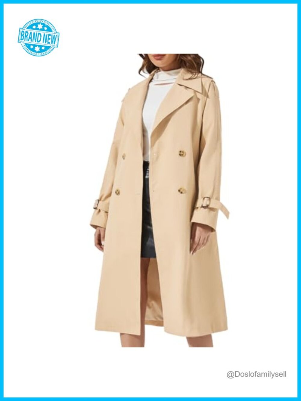 Double Breasted Long Trench Coat Windproof Belted Nylon